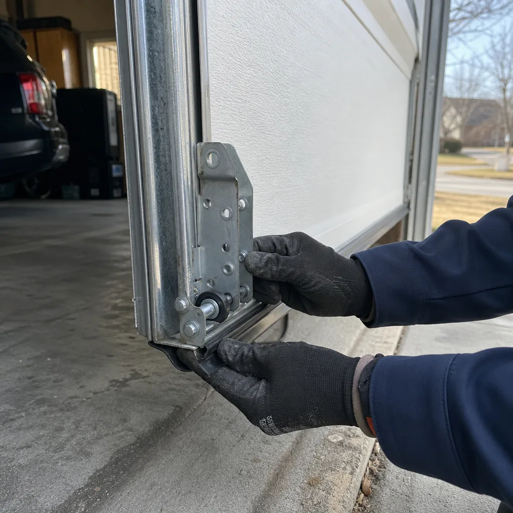 Technician performing emergency garage door bottom bracket and roller repair