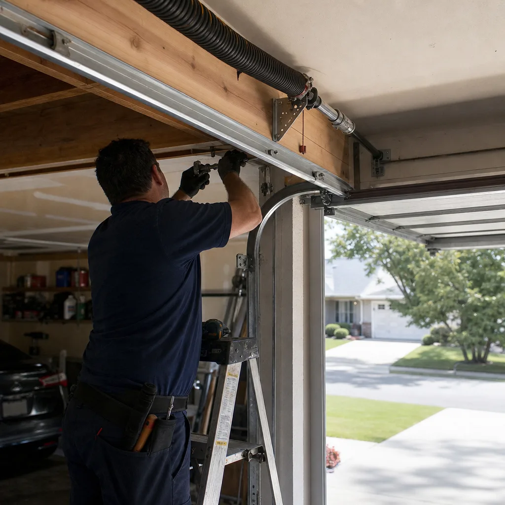 Technician performing emergency garage door repair and maintenance