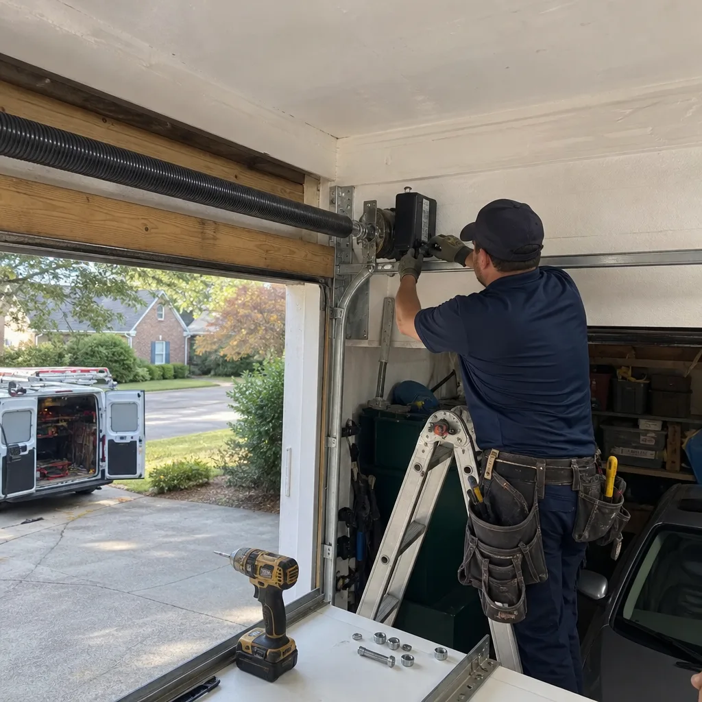 Technician performing professional garage door opener repair and installation services