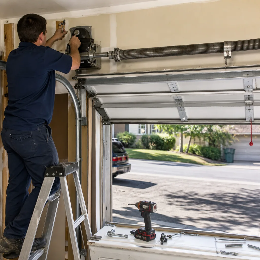 Technician performing professional garage door opener repair and installation.
