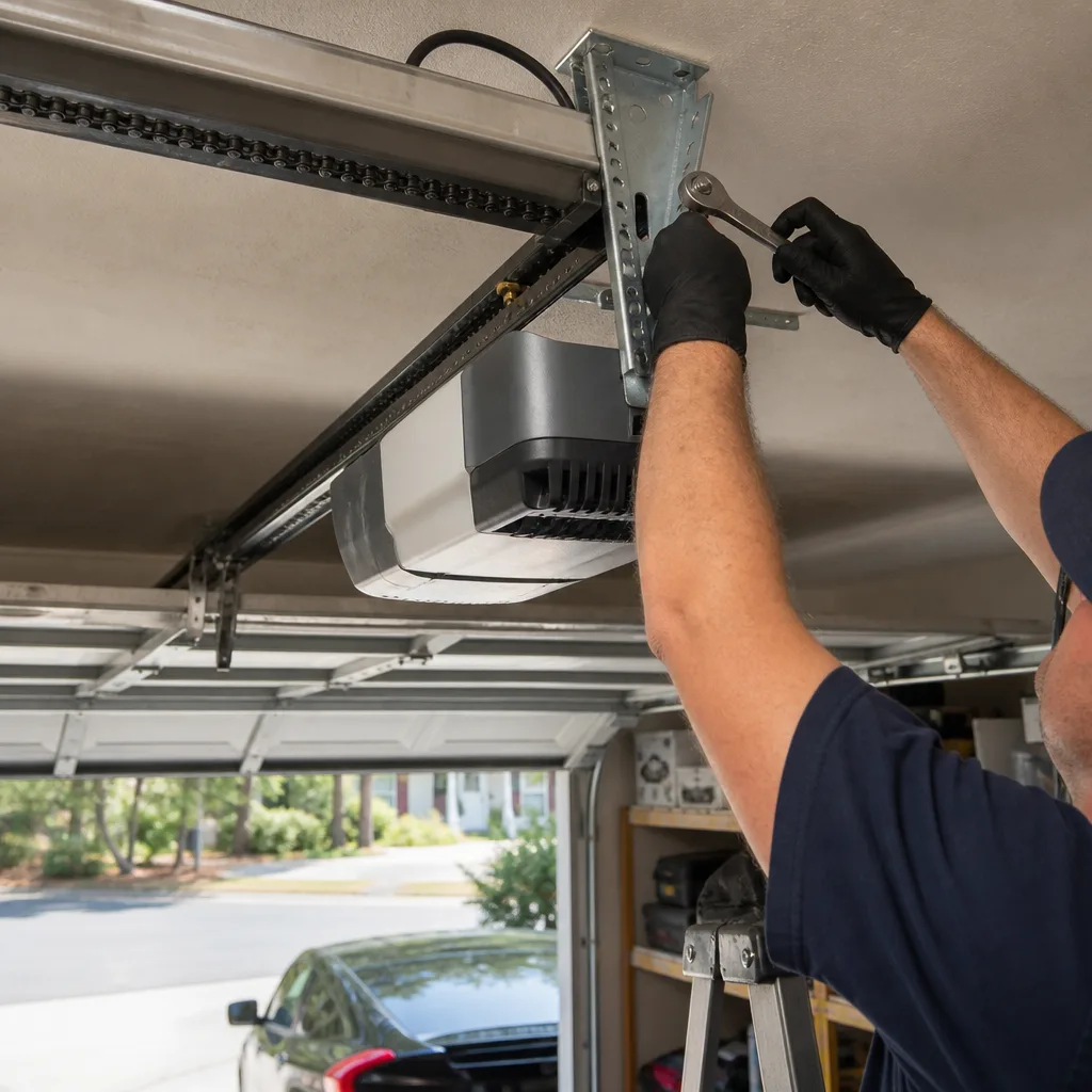 Technician performing professional garage door opener repair and installation