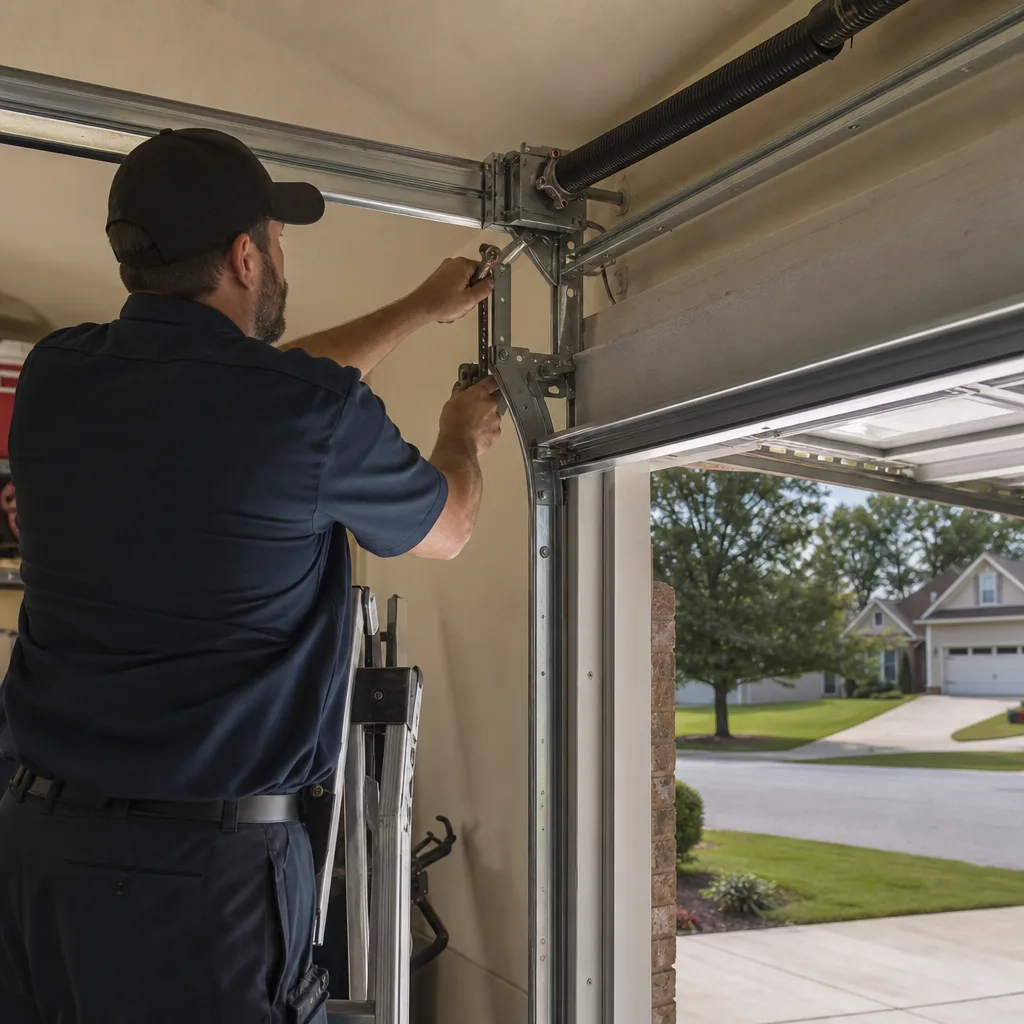 Technician performing professional garage door parts repair and maintenance