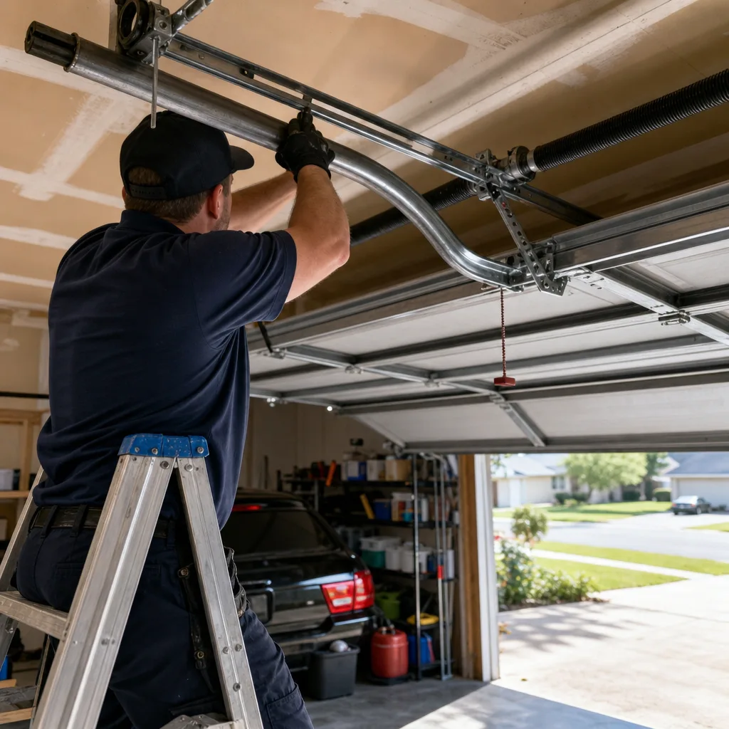 Technician performing garage door parts repair and maintenance on a ladder