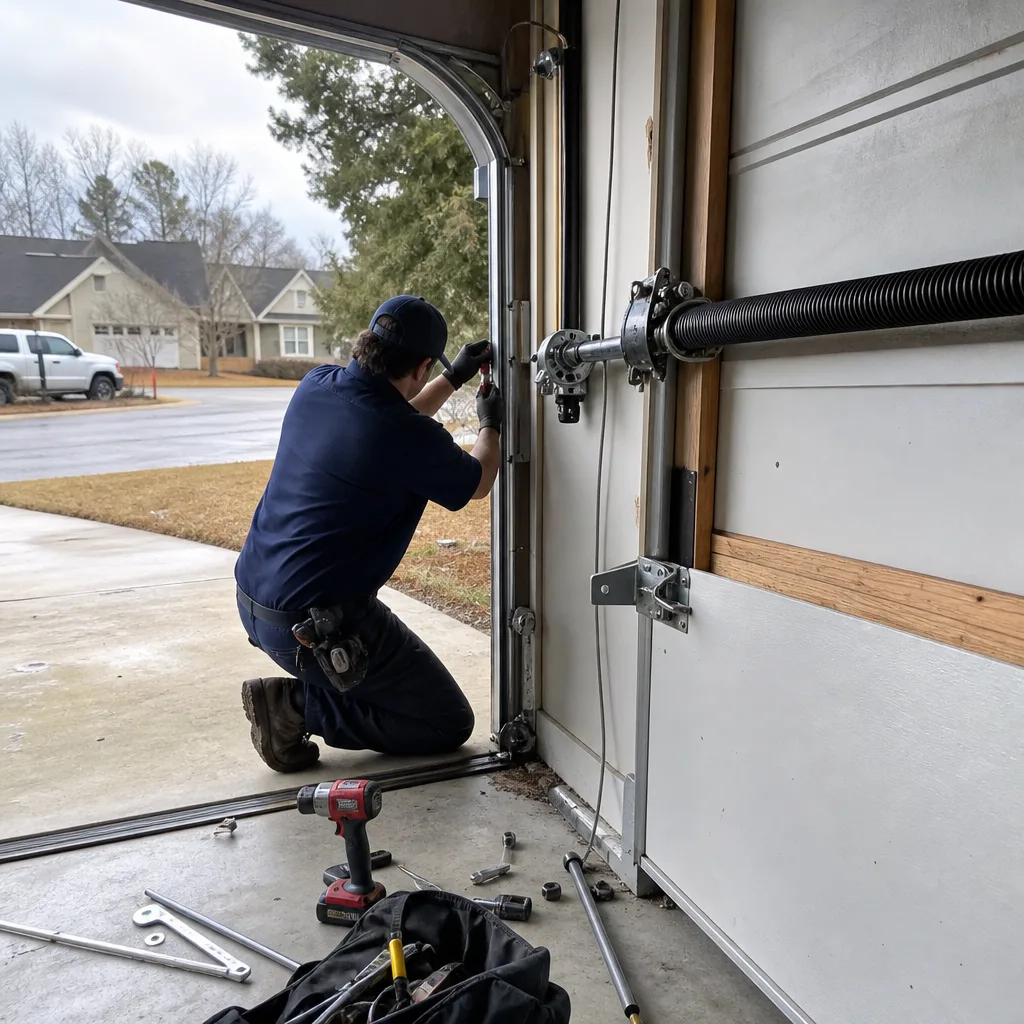 Garage door technician performing professional repair and maintenance on door hardware